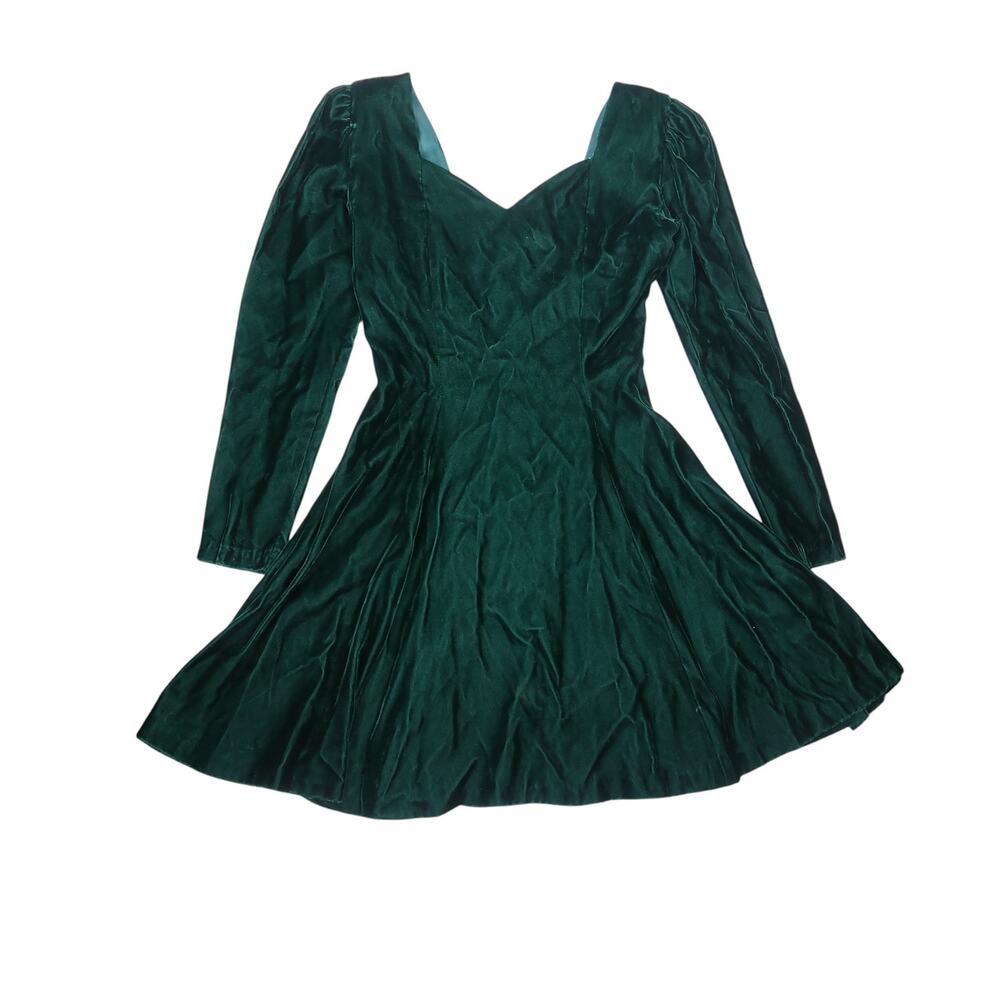 Vintage 80s Dark Green Velvet Mini Party Dress Puff Shoulder